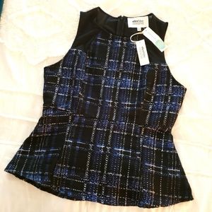 NWT Alice Blue L Jalsten peplum blouse in blue black tweed sheer inserts